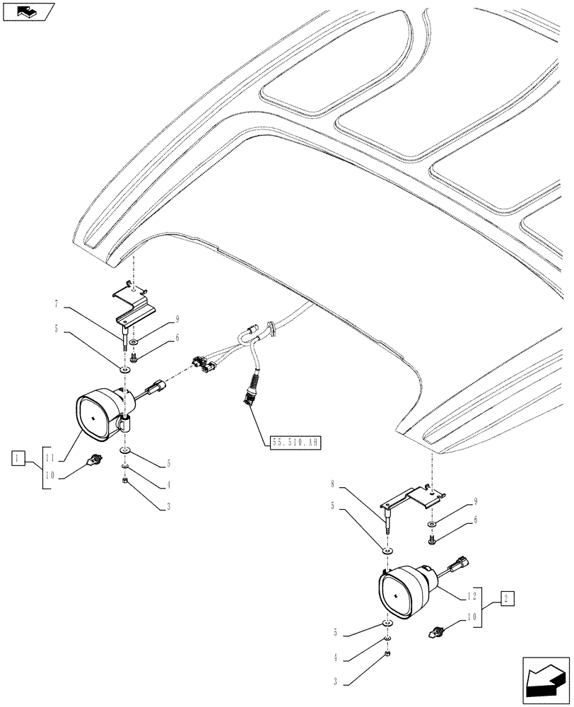 Схема запчастей Case IH FARMALL 85C - (55.404.AL[02]) - VAR - 743583, 743867 - FRONT LIGHT, ROOF-MOUNTED, LH DRIVE (55) - ELECTRICAL SYSTEMS