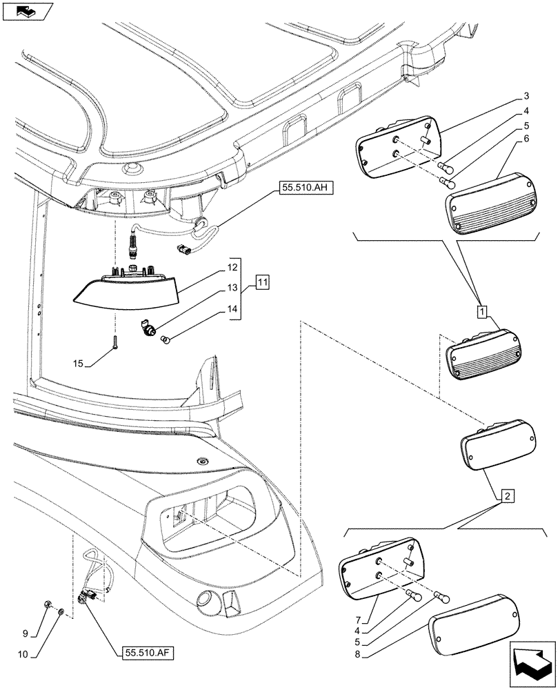 Схема запчастей Case IH FARMALL 85C - (55.404.BM[02]) - VAR - 743580, 332717 - ROAD LIGHT, REAR, W/ CAB - NA (55) - ELECTRICAL SYSTEMS