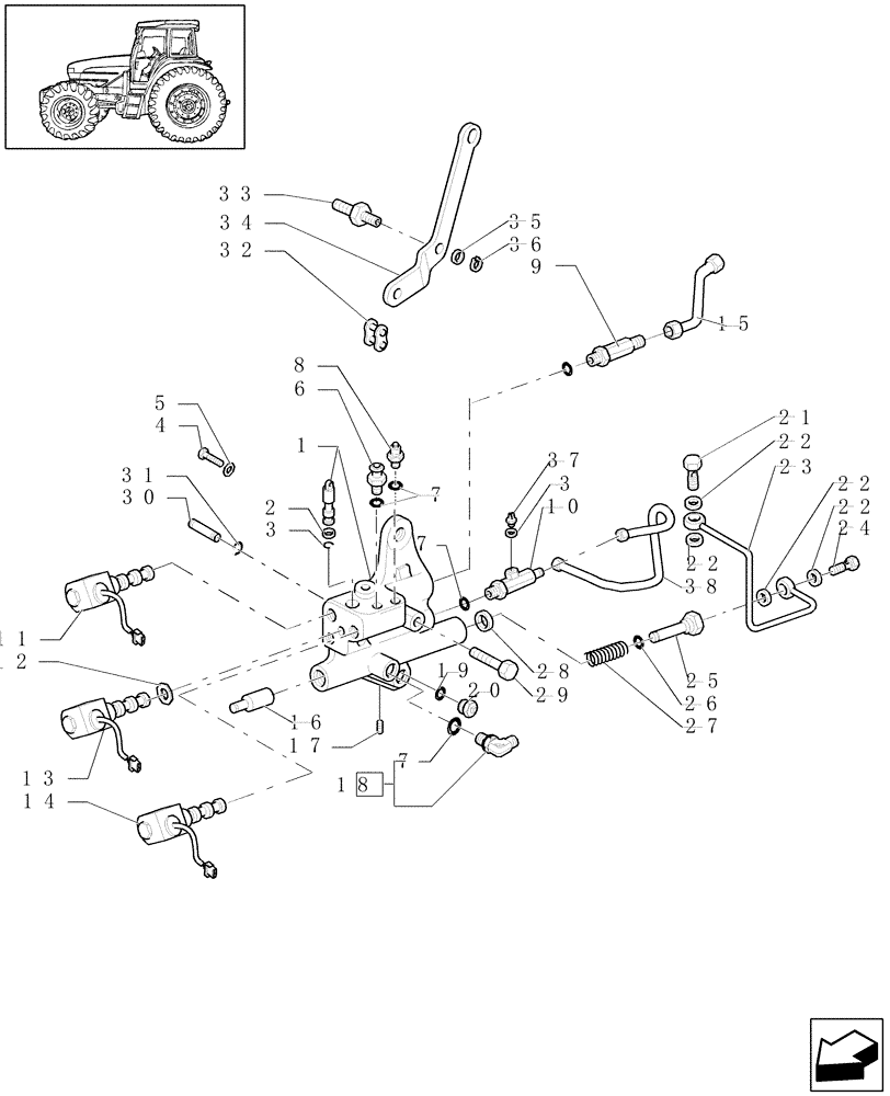 Схема запчастей Case IH JX1100U - (1.33.2/01[02]) - IDLER CONTROLS - 4WD - PIPES & SOLENOID VALVES - C5642 (04) - FRONT AXLE & STEERING