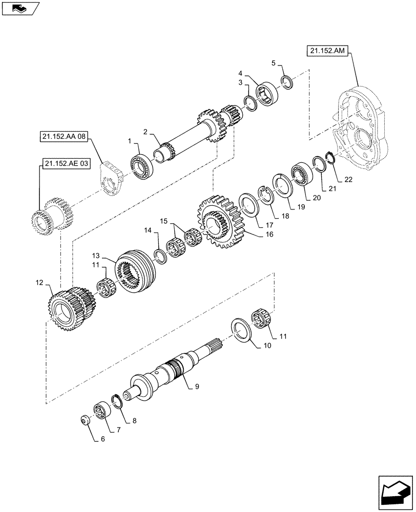 Схема запчастей Case IH MAXXUM 125 - (21.152.AE[04]) - STD + VAR - 330247, 743766, 330291, 743764 - TRANSMISSION 16X16 AND 17X16 (40 KM/H), SPS - REDUCTION GEAR (21) - TRANSMISSION