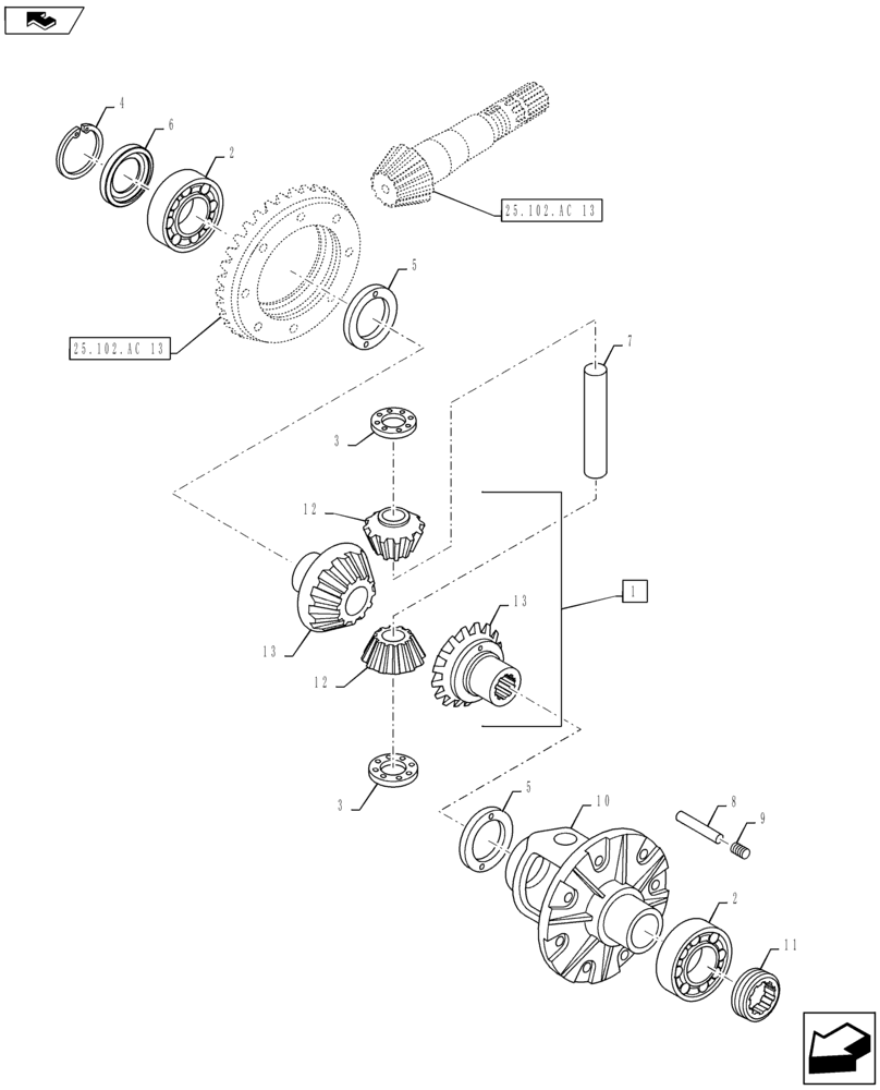 Схема запчастей Case IH MAXXUM 125 - (25.102.AC[08]) - VAR - 330414, 330427 - CL.3 SUSPENDED FRONT AXLE - DIFFERENTIAL BREAKDOWN (25) - FRONT AXLE SYSTEM