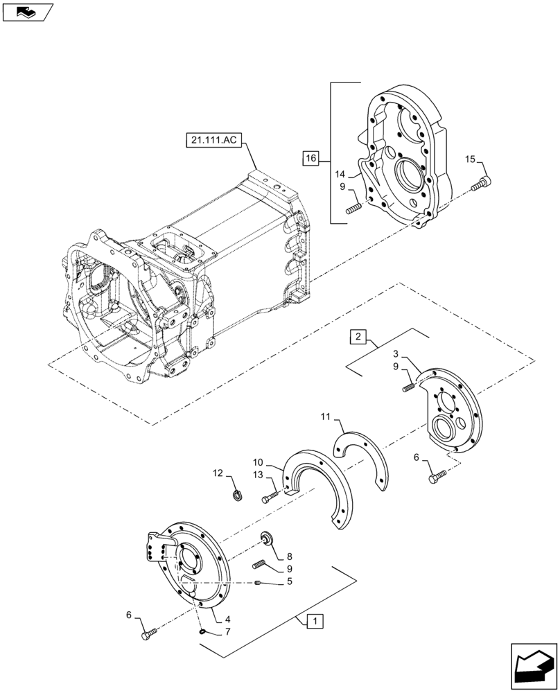 Схема запчастей Case IH MAXXUM 115 - (21.152.AM) - TRANSMISSION 16X16 AND 17X16 (40 KM/H), SPS - GEARBOX COVERS AND RELATED PARTS (21) - TRANSMISSION