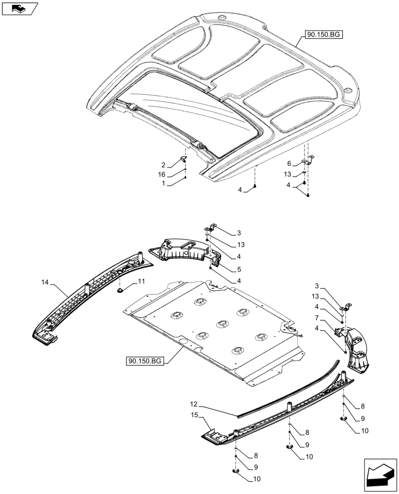 Схема запчастей Case IH FARMALL 115C - (90.150.BG[05]) - VAR - 743573, 743496, 334179, 334180, 334183, 334185, 334211, 744588, 336606 - CAB ROOF, SUPPORT - ISO - END YR 09-OCT-2012 (90) - PLATFORM, CAB, BODYWORK AND DECALS