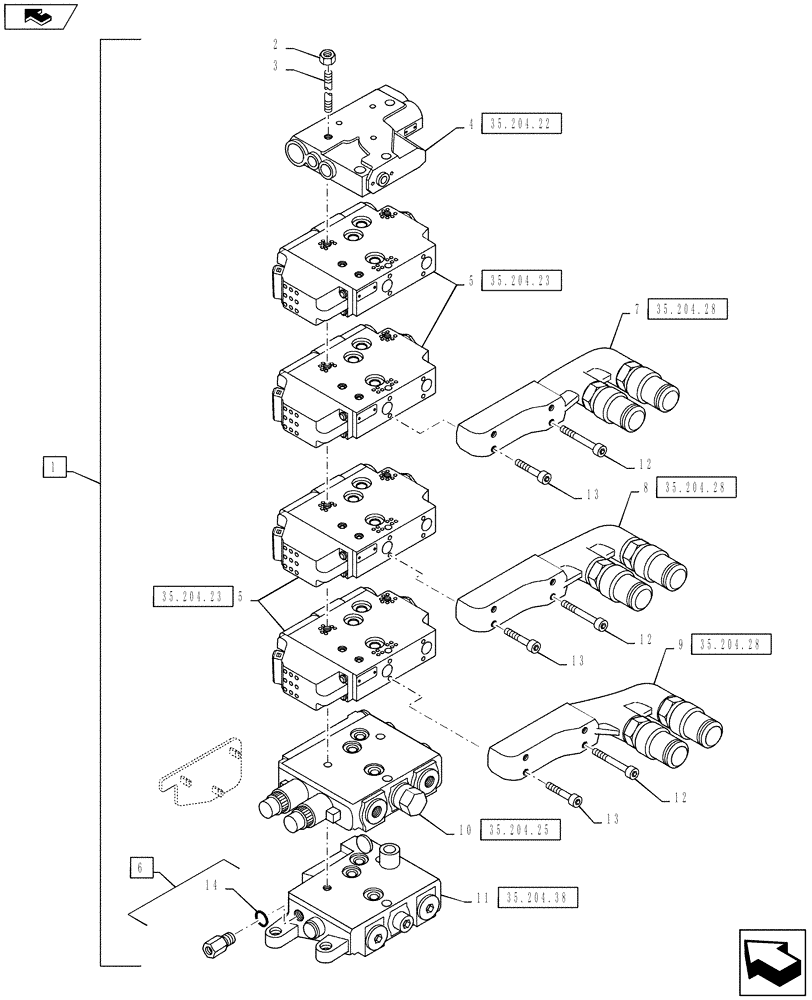 Схема запчастей Case IH PUMA 145 - (35.204.10[02]) - VAR - 743733, 330862, 338851 - EHR CONTROL VALVE - VALVE SECTIONS & QUICK COUPLERS - 4 VALVE (35) - HYDRAULIC SYSTEMS