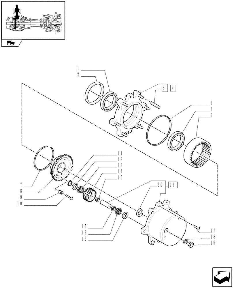 Схема запчастей Case IH FARMALL 85N - (1.40.3/03) - STD FRONT AXLE W/EL.-HYDR. DIFF. LOCK, W/FRONT BRAKES - WHEEL HUB AND REDUCTION (VAR.336329) (04) - FRONT AXLE & STEERING