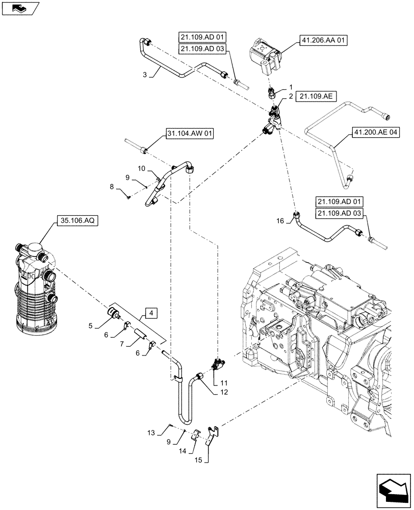 Схема запчастей Case IH MAXXUM 110 - (21.109.AC[02]) - STD + VAR 331145, 331146 - HYDRAULIC PUMP 113 L/MIN CCLS - OIL COOLER LINES FOR CL. 4 FRONT AXLE (21) - TRANSMISSION