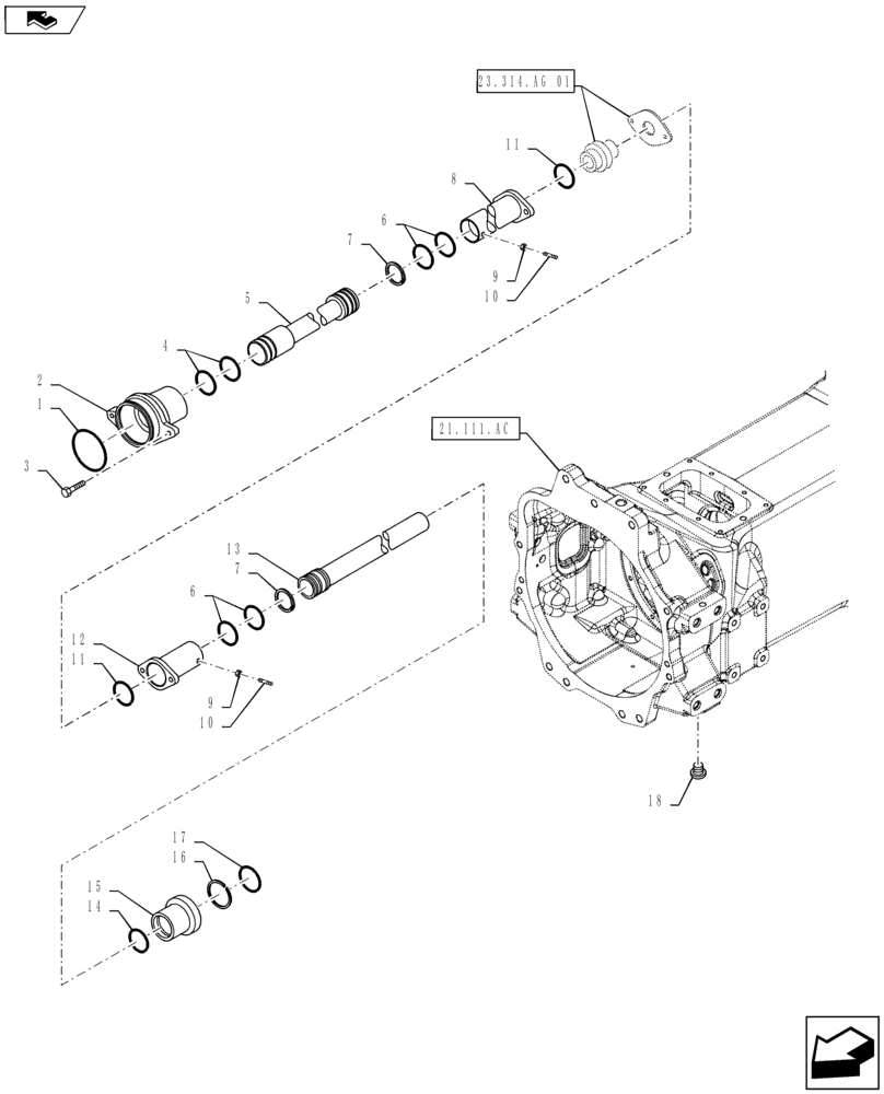 Схема запчастей Case IH MAXXUM 120 - (23.314.AG[03]) - VAR - 330448, 336449, 743678 - WATERPROOFING FOR FIXED FRONT AXLE - SLEEVE, SHIELD & FLANGE (23) - FOUR WHEEL DRIVE SYSTEM