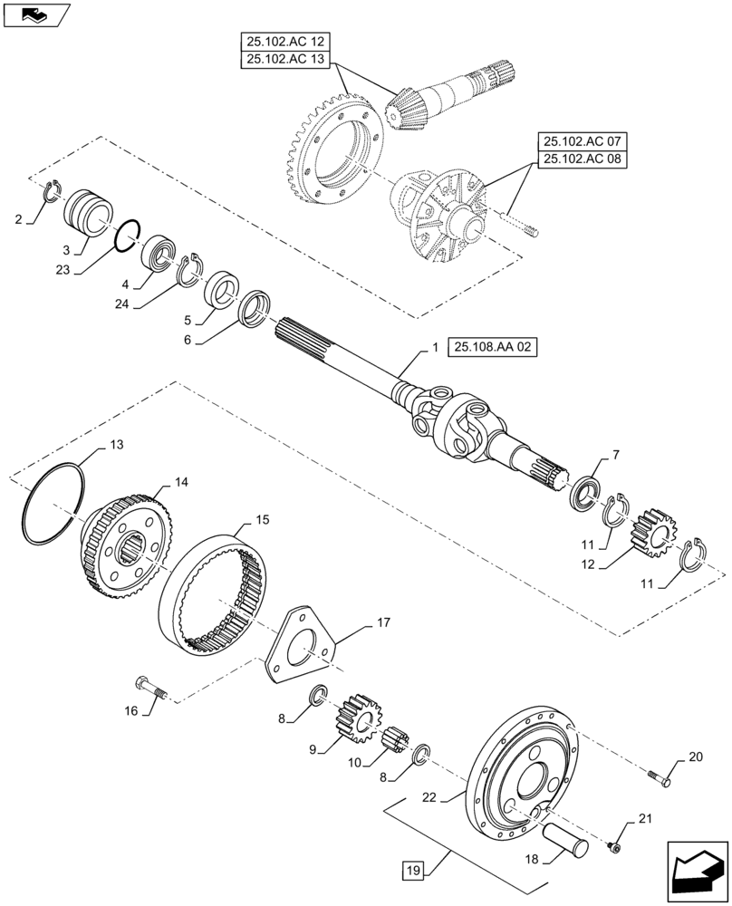 Схема запчастей Case IH MAXXUM 115 - (25.108.AB[02]) - STD + VAR - 330414 - CL.3 FRONT AXLE - GEARS AND DIFFERENTIAL AXLE (25) - FRONT AXLE SYSTEM