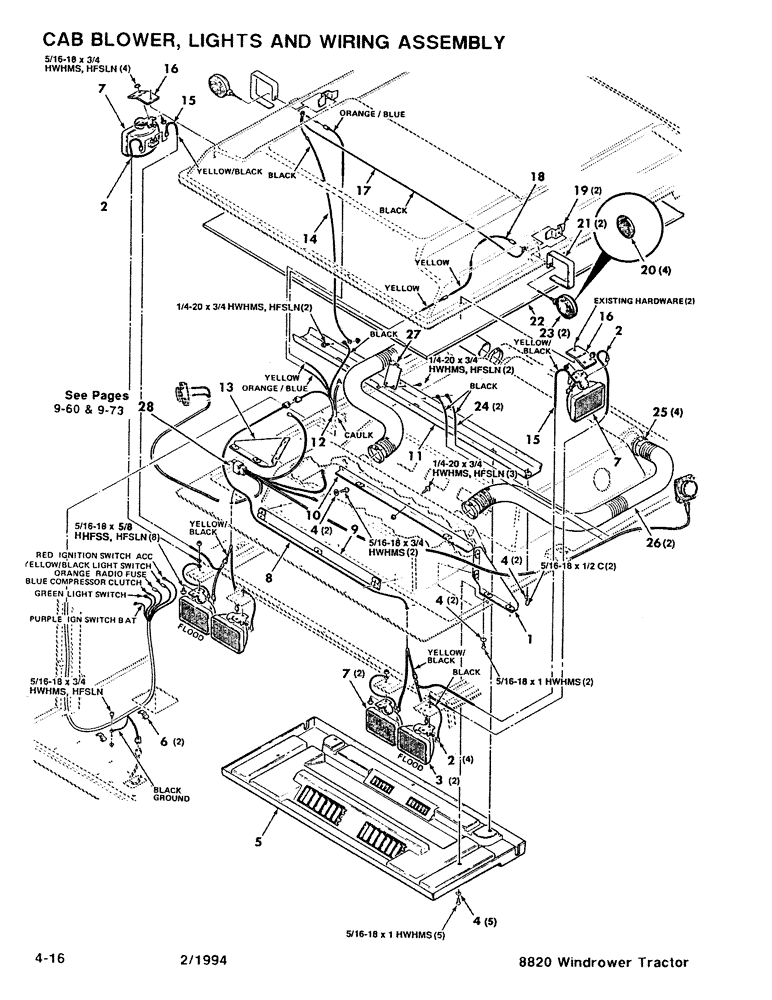 Схема запчастей Case IH 8820 - (4-16) - CAB BLOWER, LIGHTS AND WIRING ASSEMBLY (04) - ELECTRICAL SYSTEMS