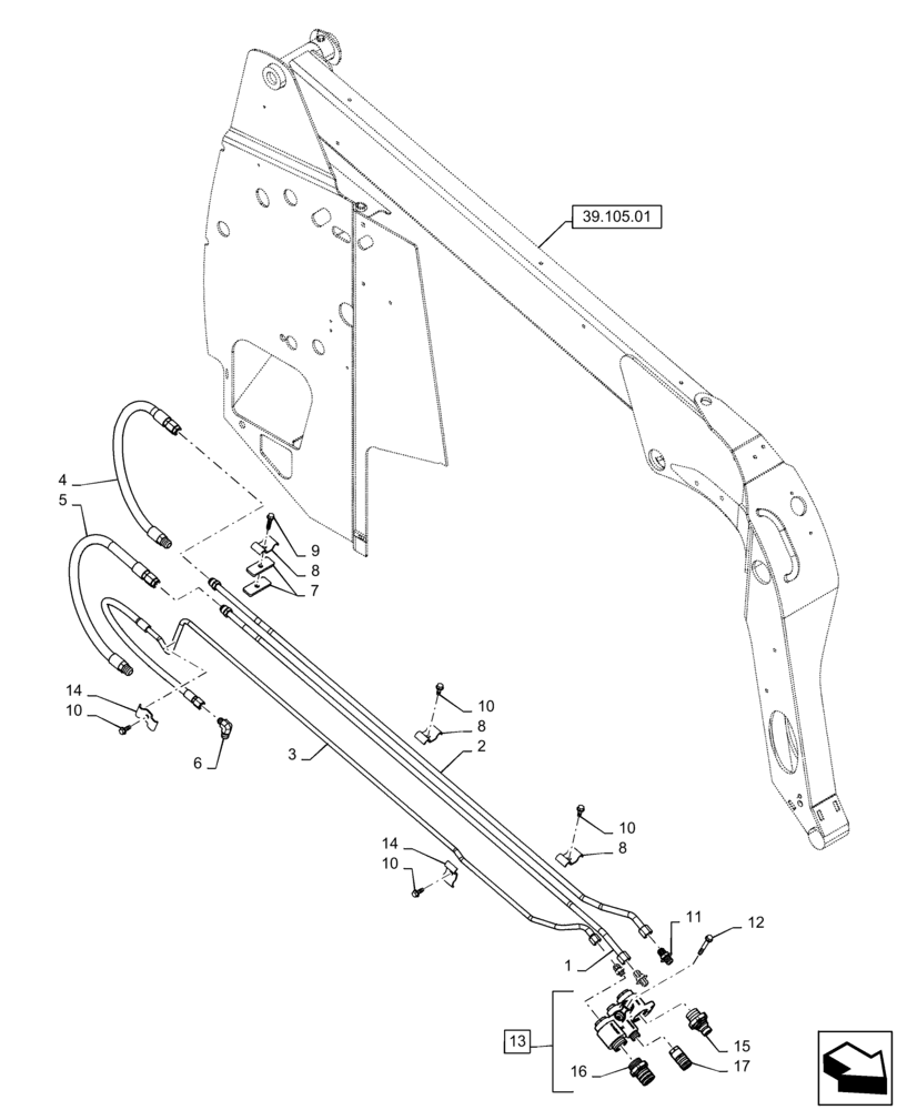 Схема запчастей Case IH SR250 - (35.734.AH[02]) - AUX HYD, STD, CONNECT UNDER PRESSURE, ARM PLUMBING (SR175,SR200,SR220,SR250,TR270,TR320) (35) - HYDRAULIC SYSTEMS