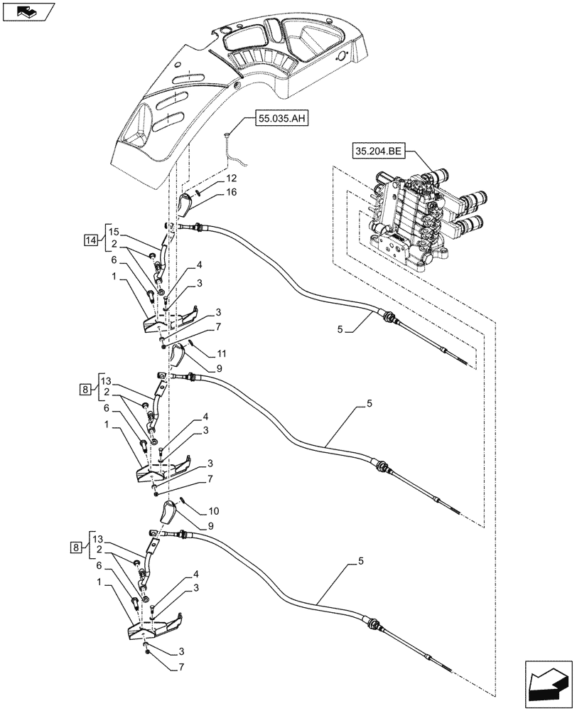 Схема запчастей Case IH FARMALL 85C - (35.204.BL[06]) - VAR - 743570, 743571 - REMOTE CONTROL VALVE, CONTROL LEVER (3 REMOTES) - ISO (35) - HYDRAULIC SYSTEMS