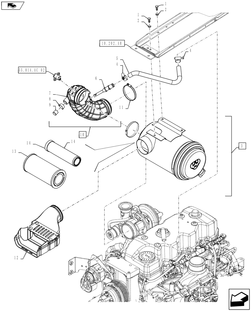 Схема запчастей Case IH MAXXUM 115 - (10.202.AB[02]) - AIR CLEANER & INTAKE PARTS (10) - ENGINE