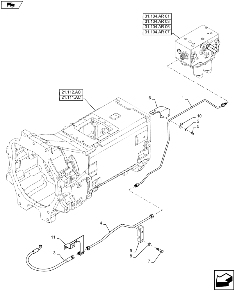 Схема запчастей Case IH MAXXUM 125 - (25.102.AT[04]) - VAR - 330429, 330430 - CL.4 - 4WD FRONT AXLE - DIFFERENTIAL LOCK LINES (25) - FRONT AXLE SYSTEM