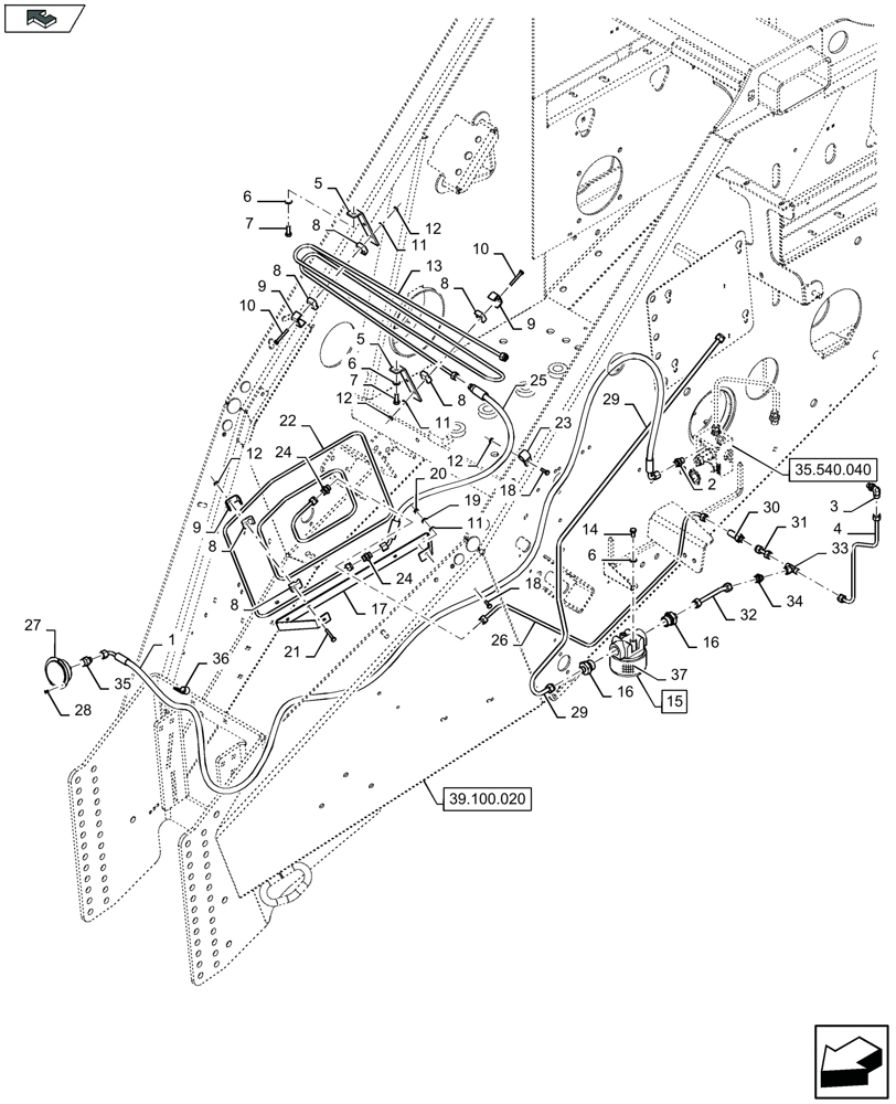 Схема запчастей Case IH LB424S - (35.540.050) - TENSION RAILS, OIL FILTER - C023 (35) - HYDRAULIC SYSTEMS