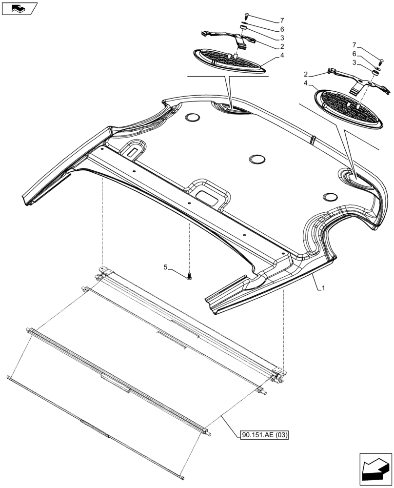 Схема запчастей Case IH FARMALL 85C - (90.160.AX[03]) - VAR - 334181, 334182, 334184, 334212, 331606, 339606 - CAB HEADLINER - ISO - END YR 29-APR-2013 (90) - PLATFORM, CAB, BODYWORK AND DECALS