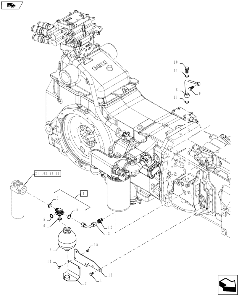 Схема запчастей Case IH MAXXUM 120 - (21.103.AA[02]) - HYDRAULIC PUMP 80 L/MIN FD FOR SPS - LOW PRESSURE PIPES AND ACCUMULATOR (21) - TRANSMISSION