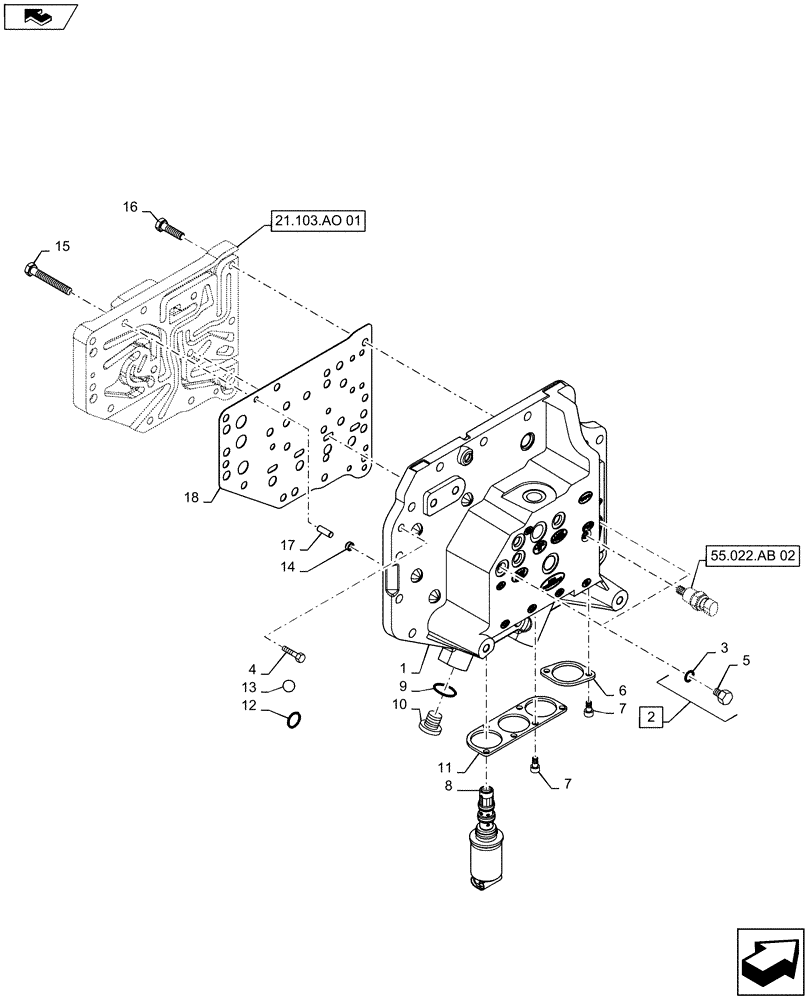 Схема запчастей Case IH MAXXUM 110 - (21.103.AO[02]) - TRANSMISSION 16X16 AND 17X16 (40 KM/H), SPS - TRANSMISSION VALVE BLOCK (21) - TRANSMISSION