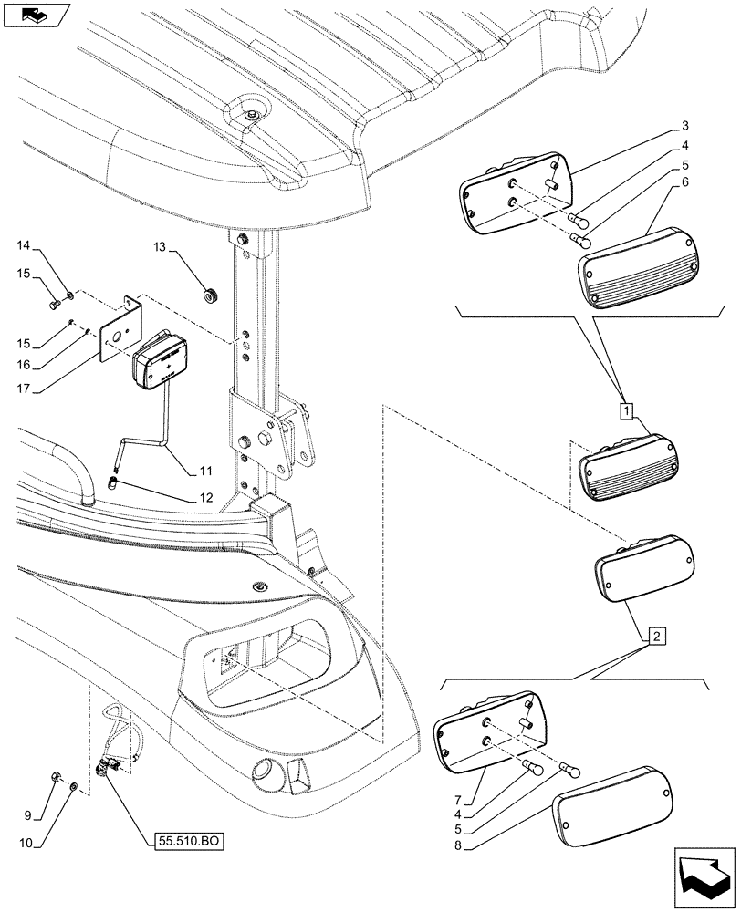 Схема запчастей Case IH FARMALL 85C - (55.404.BM[04]) - VAR - 743580, 743581 - ROAD LIGHT, REAR, W/ CAB - NA (55) - ELECTRICAL SYSTEMS