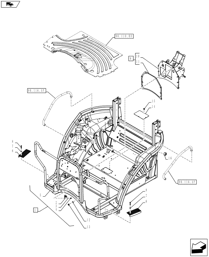 Схема запчастей Case IH FARMALL 115C - (90.110.AP) - VAR - 394315, 392315, 334187, 334188, 334190, 334191 - PLATFORM - W/O CAB (90) - PLATFORM, CAB, BODYWORK AND DECALS