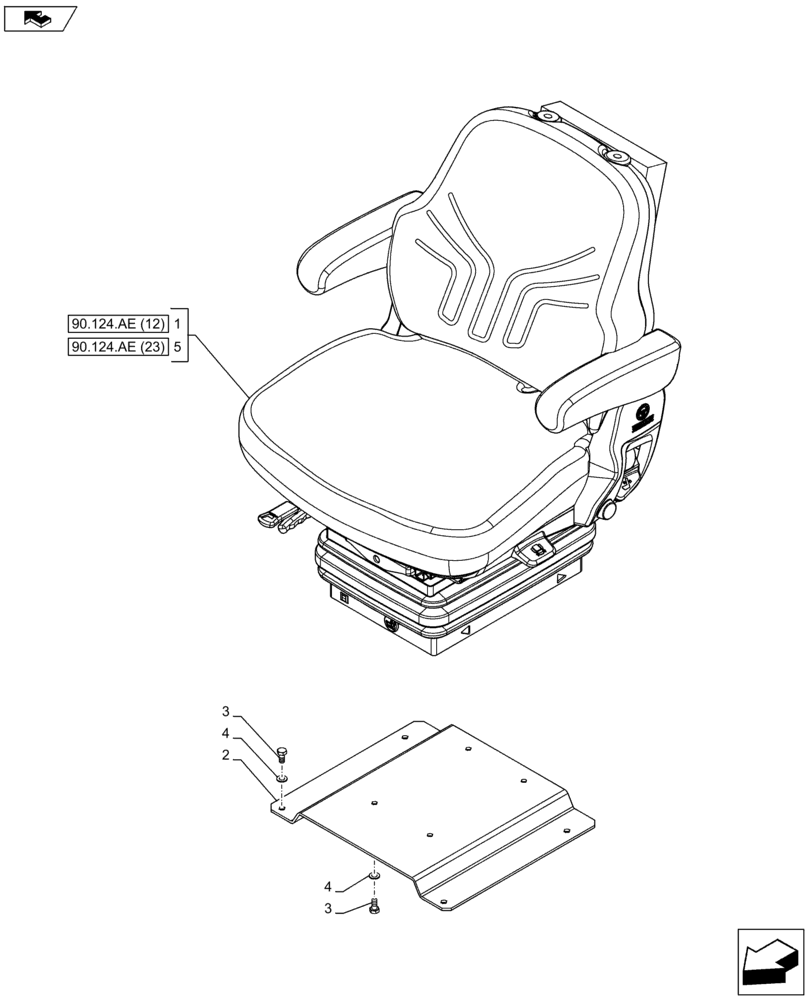 Схема запчастей Case IH FARMALL 85C - (90.124.AE[11]) - VAR - 332850 - DRIVER SEAT, W/ CAB (90) - PLATFORM, CAB, BODYWORK AND DECALS