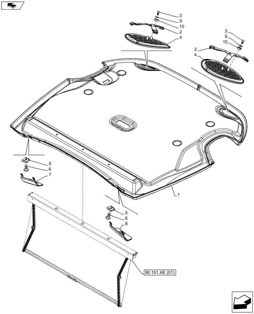 Схема запчастей Case IH FARMALL 115C - (90.160.AX[01]) - VAR - 391606, 331606, 743573, 334181, 744588 - CAB HEADLINER - END YR 29-APR-2013 (90) - PLATFORM, CAB, BODYWORK AND DECALS