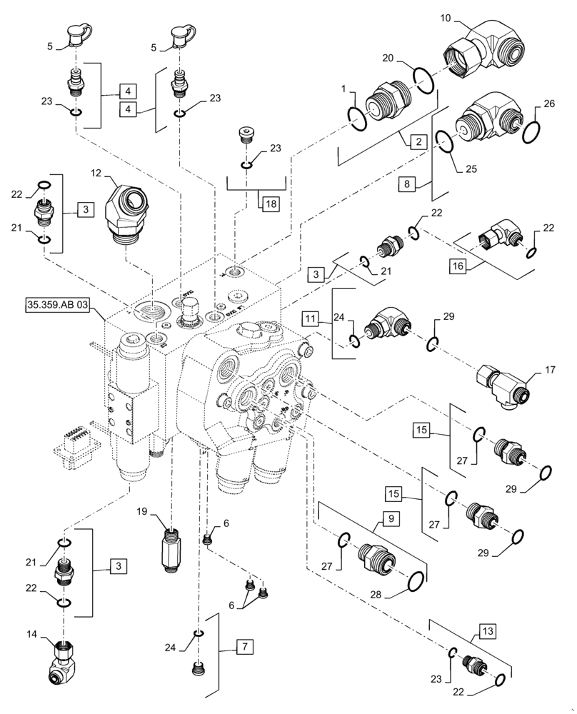 Схема запчастей Case IH 5140 - (35.359.AB[02]) - VALVE, MAIN DISTRIBUTOR, FEEDER, REEL, REVERSER (35) - HYDRAULIC SYSTEMS