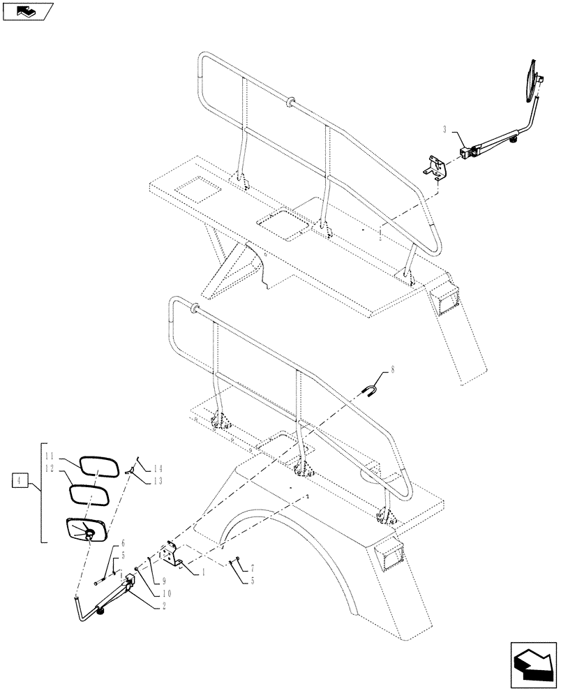 Схема запчастей Case IH TITAN 4530 - (90.150.12[05]) - WALKWAY MOUNTED MIRRORS, LOW, USED ON 810 FLEX-AIR SYSTEM (90) - PLATFORM, CAB, BODYWORK AND DECALS
