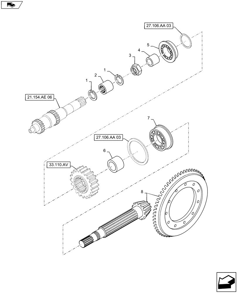 Схема запчастей Case IH MAXXUM 120 - (27.106.AA[02]) - VAR - 335245, 743673, 330247, 743766, 330291, 743764 + STD - TRANSMISSION 24X24 (40 KM/H) - CENTRAL REDUCTION GEARS AND BEVEL GEAR PAIR (27) - REAR AXLE SYSTEM