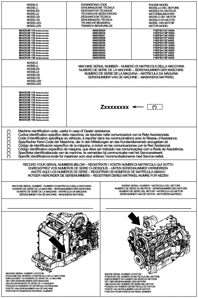Схема запчастей Case IH MAXXUM 115 - (00.100.01) - IDENTIFICATION AND VERSION LIST (00) - GENERAL & PICTORIAL INDEX