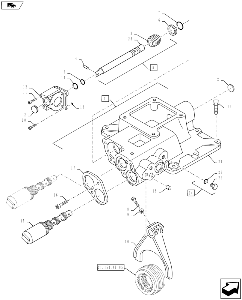 Схема запчастей Case IH MAXXUM 110 - (21.134.AC[01]) - TRANSMISSION 24X24 (40 KM/H) HI-LO - COVER FOR REVERSER – FORK AND VALVES (21) - TRANSMISSION