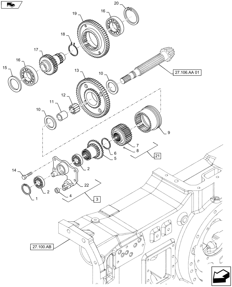 Схема запчастей Case IH MAXXUM 125 - (21.160.AL) - VAR - 332330, 743736 - CREEPER FOR TRANSMISSION 16X16 - GEARS AND SUPPORT (21) - TRANSMISSION