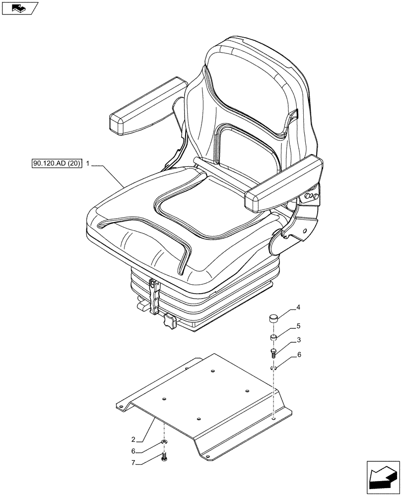 Схема запчастей Case IH FARMALL 95C - (90.120.AD[19]) - VAR - 331156 - DRIVER SEAT, W/O CAB (90) - PLATFORM, CAB, BODYWORK AND DECALS