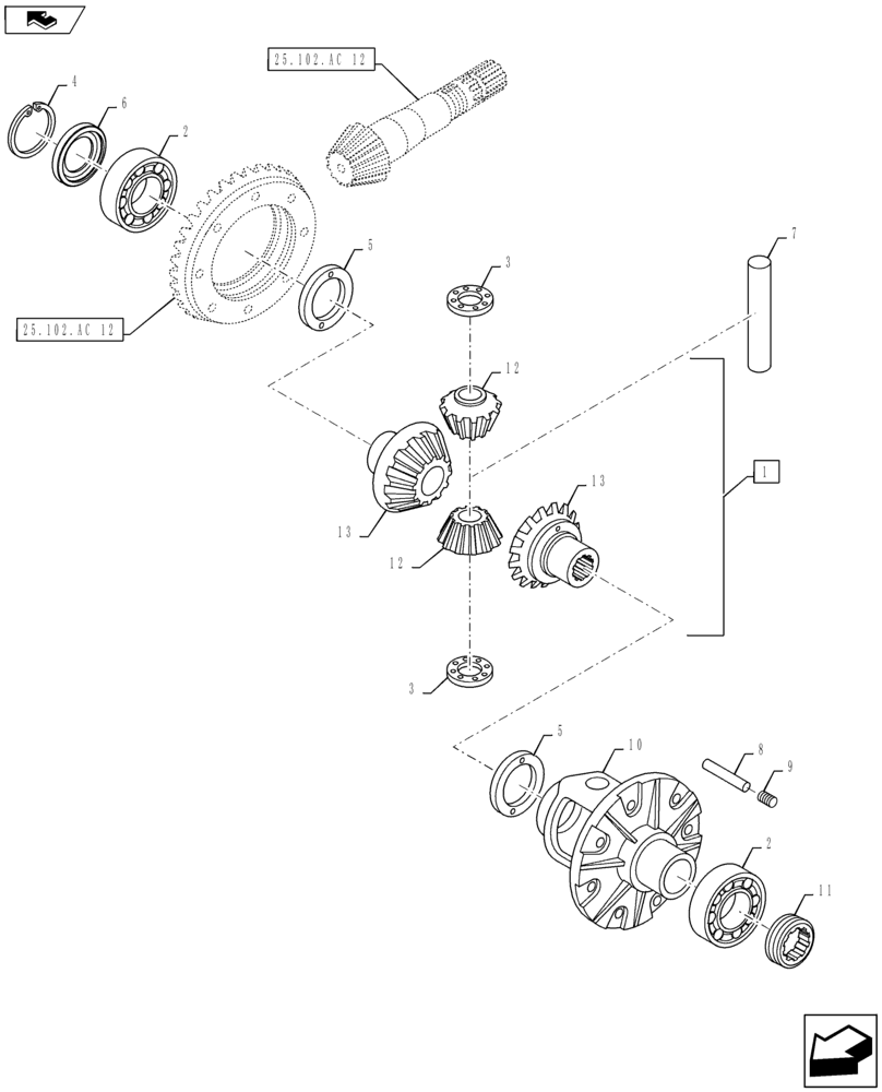 Схема запчастей Case IH MAXXUM 125 - (25.102.AC[07]) - CL.3 FRONT AXLE - DIFFERENTIAL BREAKDOWN FOR STD BASE UNIT (25) - FRONT AXLE SYSTEM