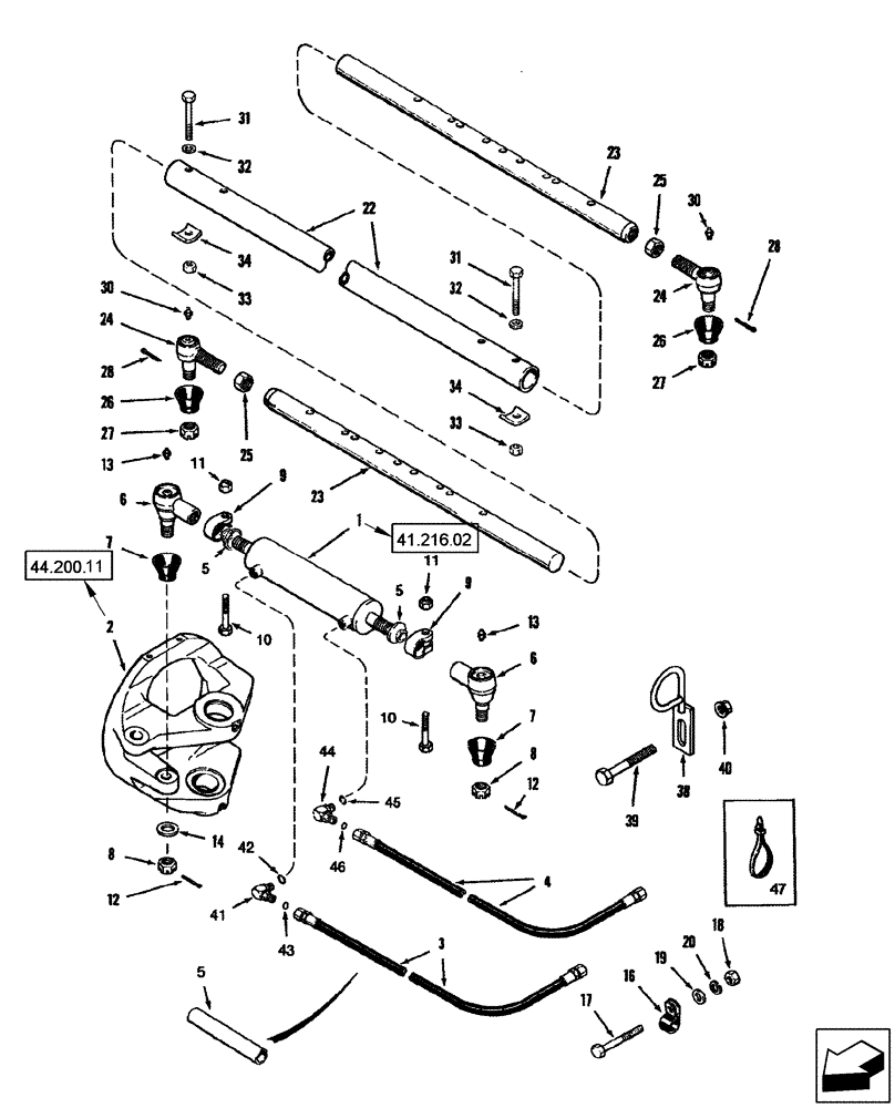 Схема запчастей Case IH 2577 - (41.216.03) - STEERING CYLINDER AND TIE ROD - POWER GUIDE AXLE - SINGLE STEERING CYLINDER (41) - STEERING