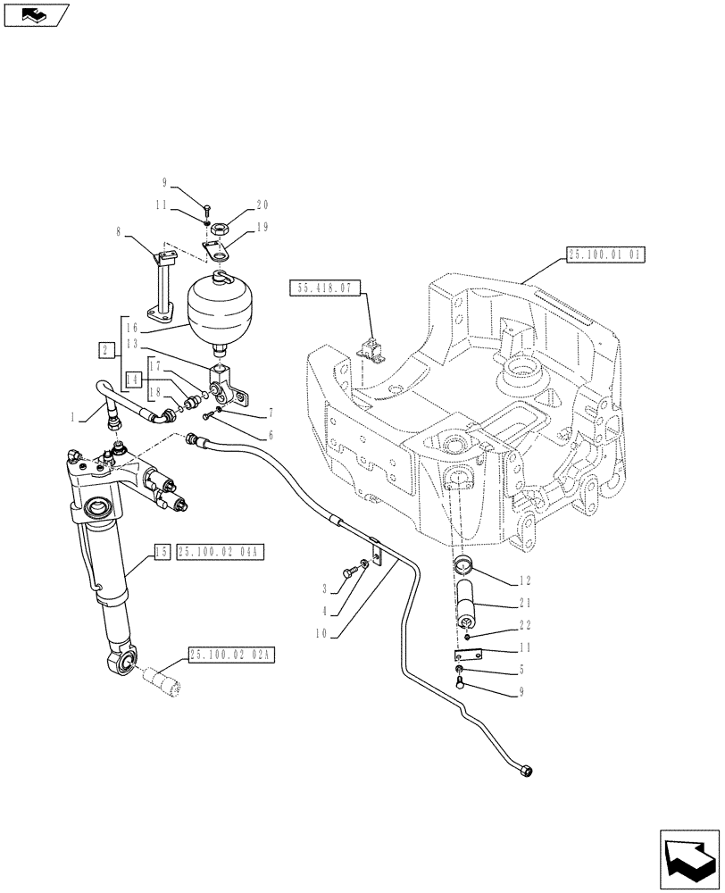 Схема запчастей Case IH PUMA 170 - (25.100.02[03A]) - CLASS 4 4WD AXLE WITH ACTIVE SUSPENSION SKY HOOK - CYLINDER, ACCUMULATOR AND PIPES - D7090 (VAR.720463-743963-743964) (25) - FRONT AXLE SYSTEM