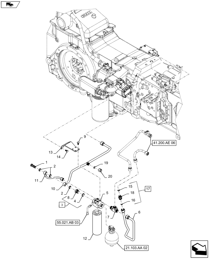 Схема запчастей Case IH MAXXUM 125 - (21.103.AJ[01]) - HYDRAULIC PUMP 80 L/MIN FD FOR SPS - LOW PRESSURE PIPES AND FILTER (21) - TRANSMISSION