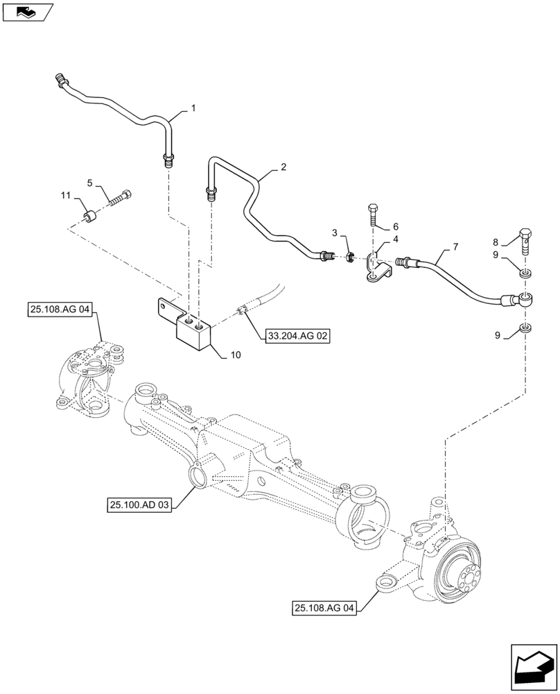 Схема запчастей Case IH MAXXUM 115 - (33.204.AG[01]) - VAR - 330427 - CL.3 SUSPENDED FRONT AXLE - BRAKE PIPES (33) - BRAKES & CONTROLS