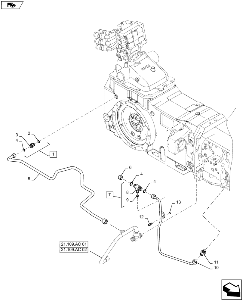 Схема запчастей Case IH MAXXUM 120 - (31.104.AW[02]) - VAR - 331146 + STD - HYDRAULIC PUMP 113L/MIN CCLS - PTO LUBRICATION PIPES FOR 40E KM/H AND 50 KM/H (31) - IMPLEMENT POWER TAKE OFF