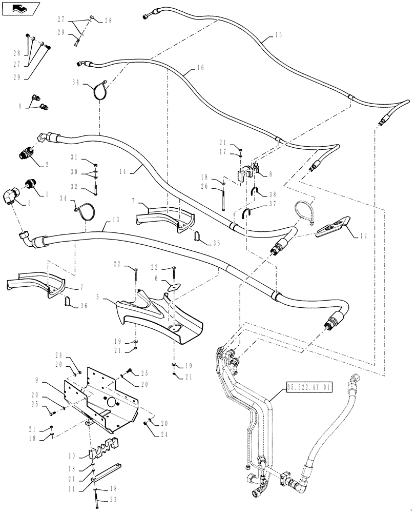 Схема запчастей Case IH STEIGER 400 - (35.322.AY[02]) - HYDRAULIC SYSTEM - HYDRAULIC REMOTES - STANDARD FLOW PLUMBING - REAR SECTION (35) - HYDRAULIC SYSTEMS