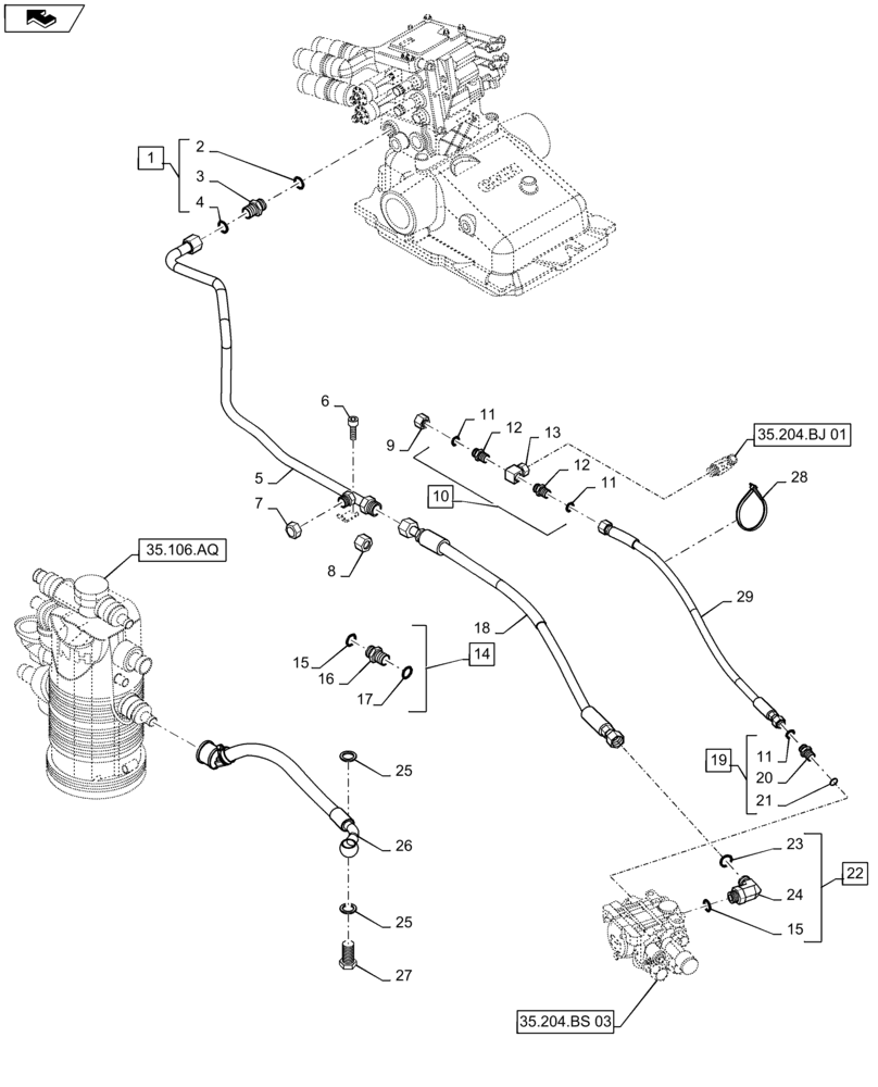 Схема запчастей Case IH MAXXUM 120 - (35.204.BJ[05]) - VAR - 332560, 334560, 743900 - 2 MECHANICAL MID MOUNTED VALVES FOR CCLS - DELIVERY AND PILOT PIPES (35) - HYDRAULIC SYSTEMS