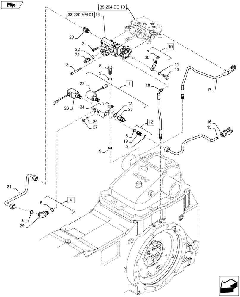 Схема запчастей Case IH MAXXUM 115 - (33.220.AC[03]) - VAR - 330723, 331723, 743691 - TRAILER BRAKE VALVE (ITALY) - VALVE PIPES (33) - BRAKES & CONTROLS