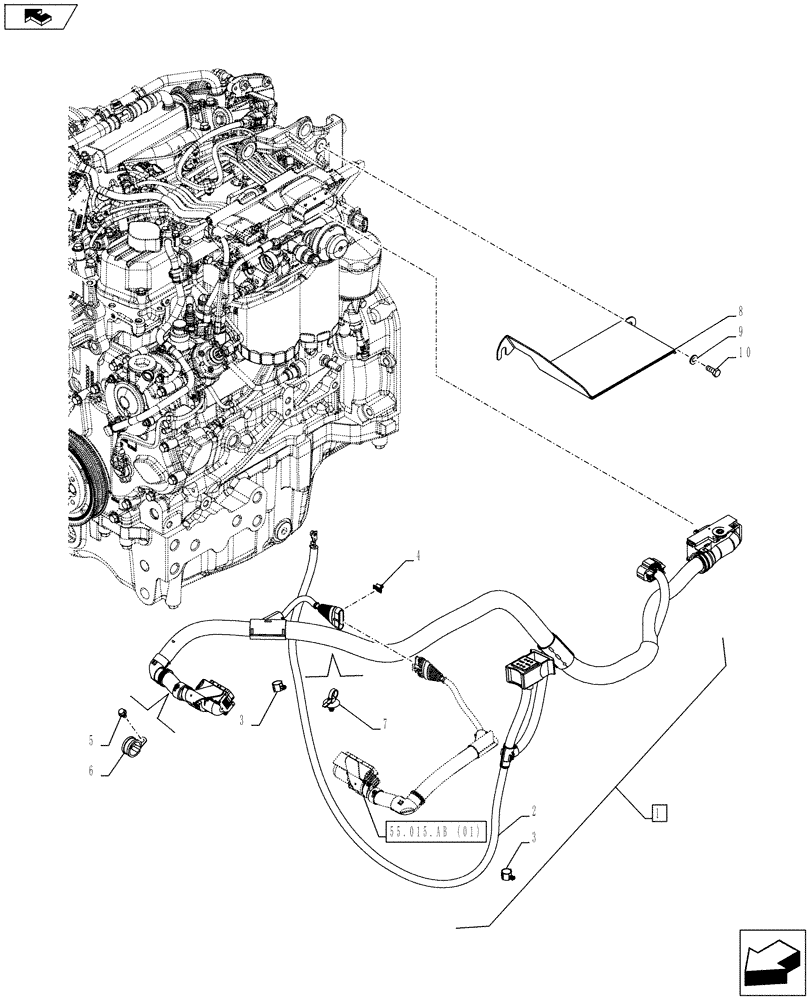 Схема запчастей Case IH FARMALL 105C - (55.015.AB[02]) - VAR - 331789, 332789, 334216, 334218, 334219 - ENGINE, ELECTRIC CABLE, W/ CAB (55) - ELECTRICAL SYSTEMS