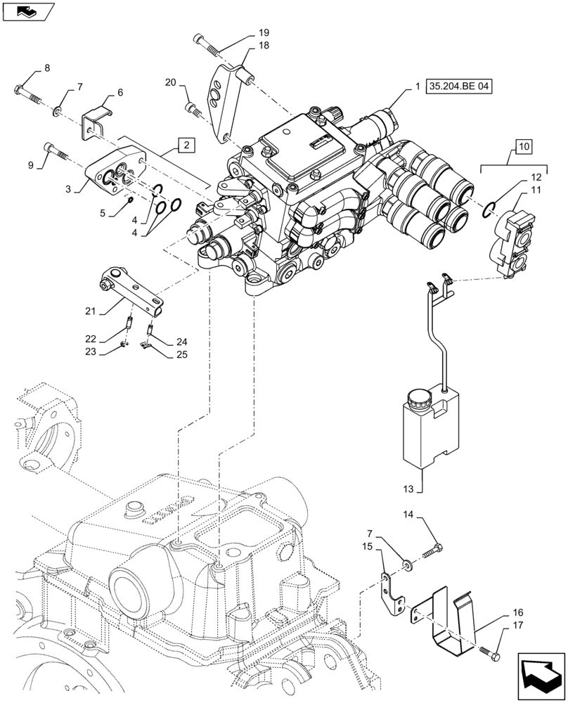 Схема запчастей Case IH MAXXUM 120 - (35.204.BE[03]) - VAR - 332851 - 2 MECHANICAL REAR REMOTE CONTROL VALVES (NON CONFIGURABLE) WITH PUMP 113 L/MIN CCLS - DISTRIBUTOR, COVER AND OIL COLLECTOR (35) - HYDRAULIC SYSTEMS