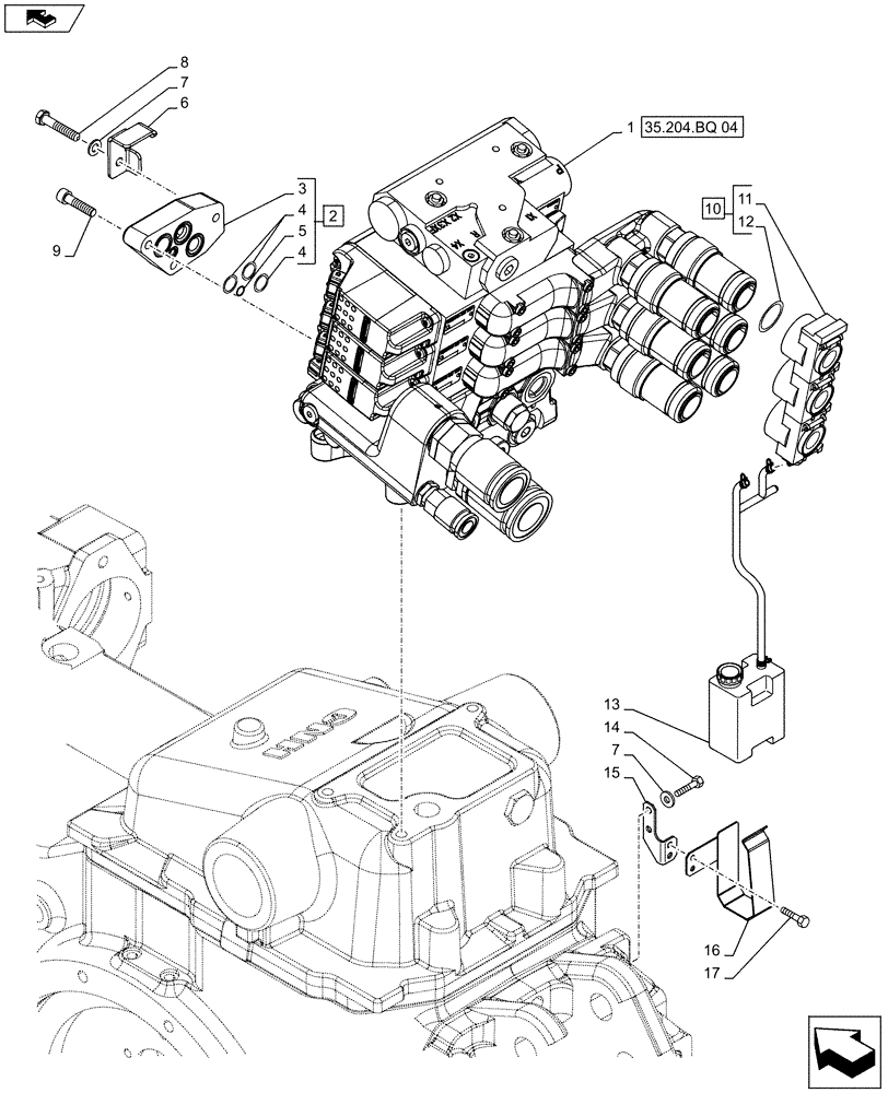 Схема запчастей Case IH MAXXUM 120 - (35.204.BQ[03]) - 3 ELECTROHYDRAULIC REAR REMOTE CONTROL VALVES WITH "POWER BEYOND" WITH PUMP 113 L/MIN CCLS - DISTRIBUTOR, COVER AND OIL COLLECTOR (35) - HYDRAULIC SYSTEMS