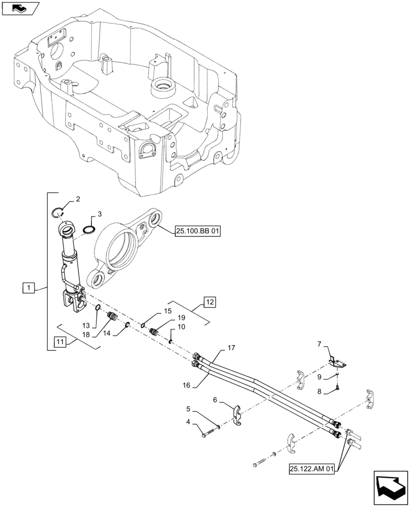 Схема запчастей Case IH MAXXUM 125 - (25.122.AD) - VAR - 330414, 330427, 330429, 330430 - SUSPENDED FRONT AXLE - CYLINDER AND PIPES (25) - FRONT AXLE SYSTEM