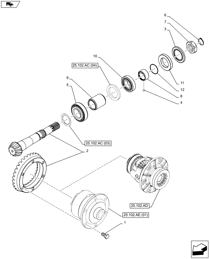 Схема запчастей Case IH FARMALL 115C - (25.102.AC[02]) - VAR - 744580, 744581, 744782, 743560, 743561, 337323, 338323 - 4WD FRONT AXLE, BEVEL GEAR (25) - FRONT AXLE SYSTEM