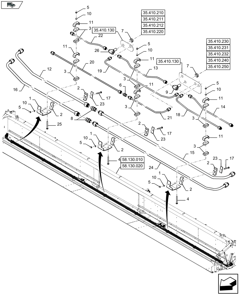 Схема запчастей Case IH 3050-20FT - (35.410.120) - HYDRAULIC TUBES, BOTTOM BEAM (35) - HYDRAULIC SYSTEMS