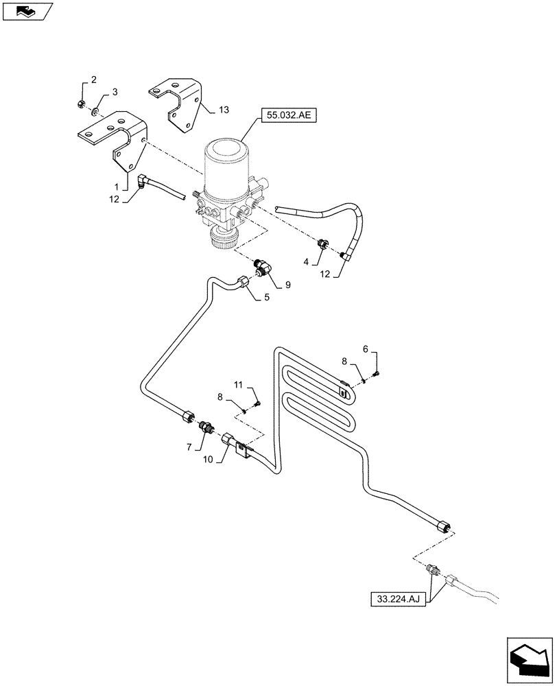 Схема запчастей Case IH MAXXUM 110 - (33.224.AQ[01]) - VAR - 332727, 332737, 332739 - PNEUMATIC TRAILER BRAKE - AIR DRYER PIPES (33) - BRAKES & CONTROLS