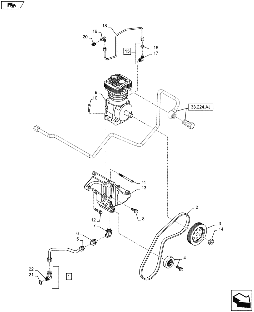 Схема запчастей Case IH MAXXUM 115 - (33.224.AH) - VAR - 332727, 332737, 332739 - PNEUMATIC TRAILER BRAKE - AIR COMPRESSER - BRACKET AND BELT (33) - BRAKES & CONTROLS