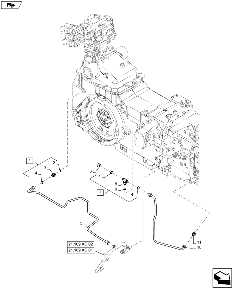 Схема запчастей Case IH MAXXUM 140 - (31.104.AW[01]) - VAR - 331836, 336835, 743744 - HYDRAULIC PUMP 113L/MIN CCLS - PTO LUBRICATION PIPES FOR 30 KM/H AND 40 KM/H (31) - IMPLEMENT POWER TAKE OFF